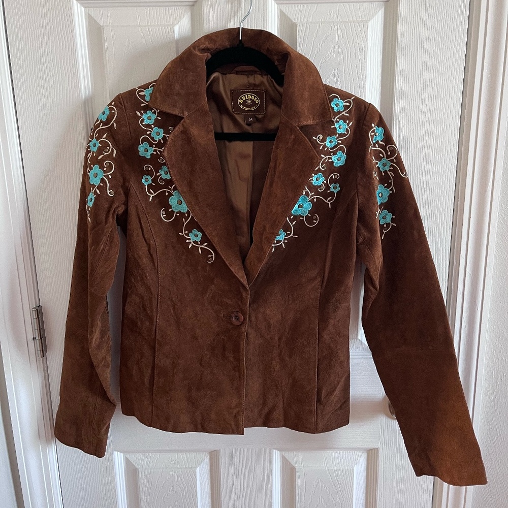 Women's Size M Ruidoso 100% Suede Leather jacket brown and turquoise western